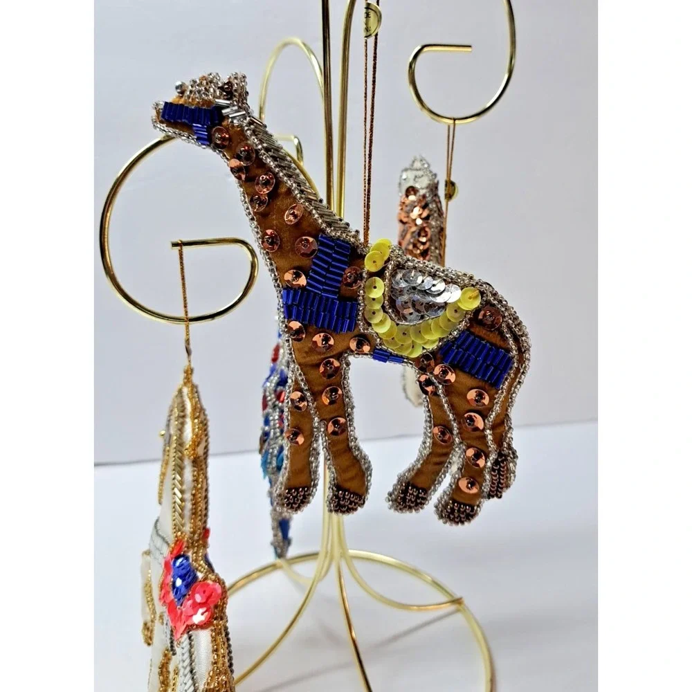 Four Animal Christmas Ornaments Satin Fabric Beaded Sequins Shiny Vintage Decor